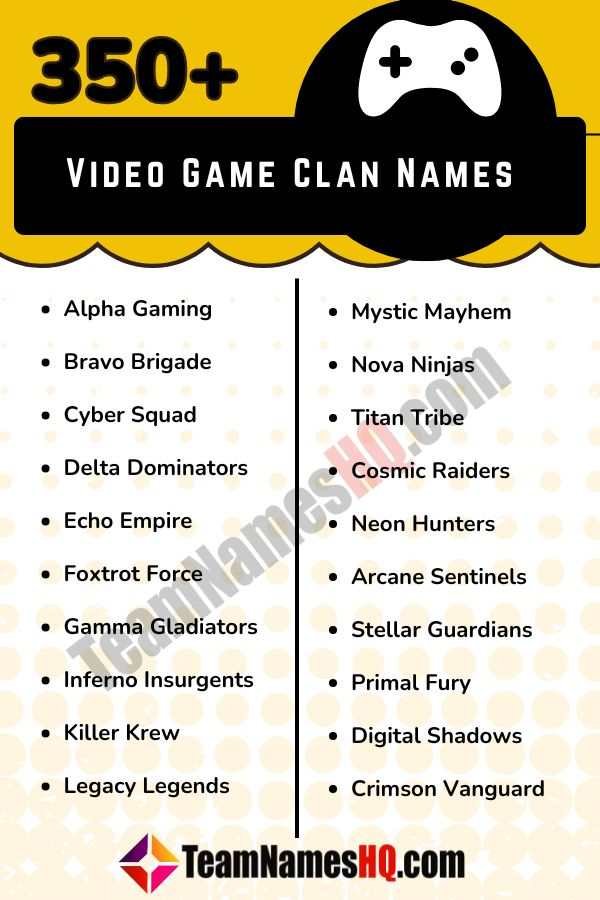 A diverse selection of names suitable for various video game clans, catering to different genres