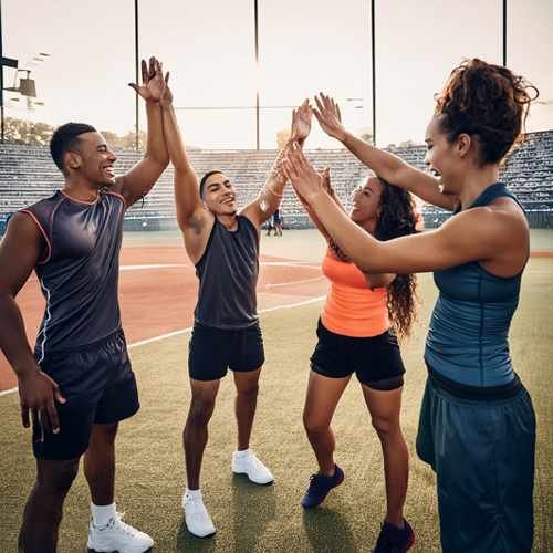A group of friends cheering and high-fiving on a sports field
