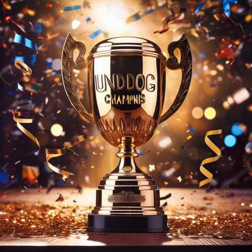 A trophy engraved with Underdog Champions surrounded by confetti