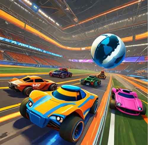 Rocket League cars with funny hats racing on a colorful, playful track with oversized props