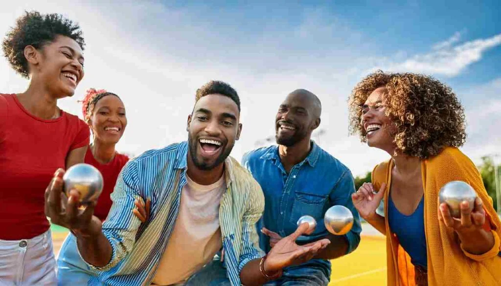Team of friends laughing and playing bocce ball on a colorful court