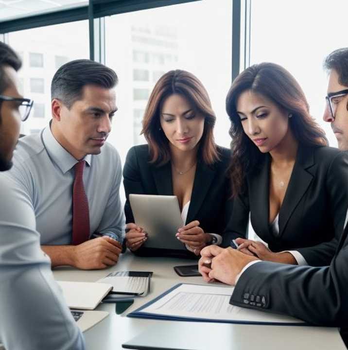 A group of insurance agents brainstorming ideas on a whiteboard during a meeting