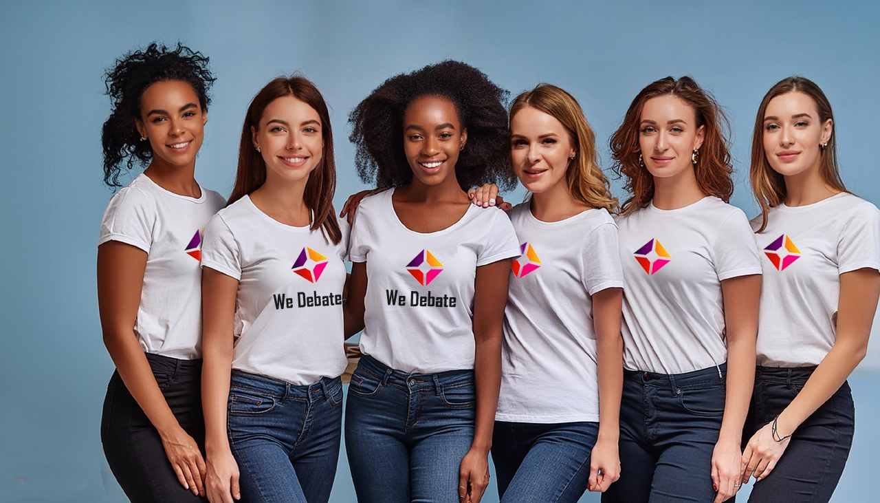 An energetic college women debate team photo
