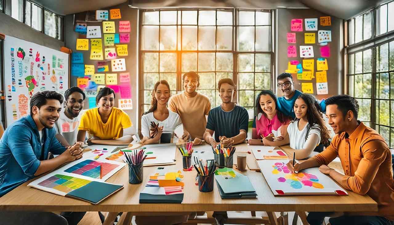 Vibrant office with team members brainstorming, crafting, and collaborating on digital designs