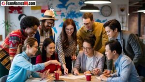 A diverse and multicultural team collaborating in a modern office, emphasizing unity and cross-cultural teamwork