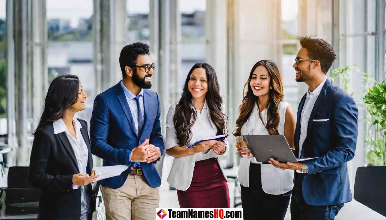 A diverse group of professionals engaging in team-building icebreakers in a modern office setting