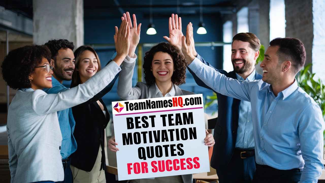 A diverse team of professionals celebrating success with high-fives, representing team motivation