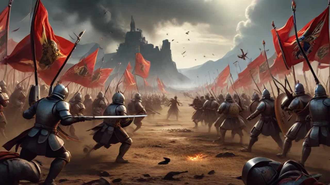 A dramatic battlefield scene with intense combat, armored warriors, and battle flags, representing epic battle-themed names