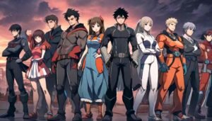 A group of anime characters standing together in a heroic pose