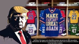 A vibrant locker room with fantasy football jerseys, highlighting a jersey labeled - Make Fantasy Great Again2
