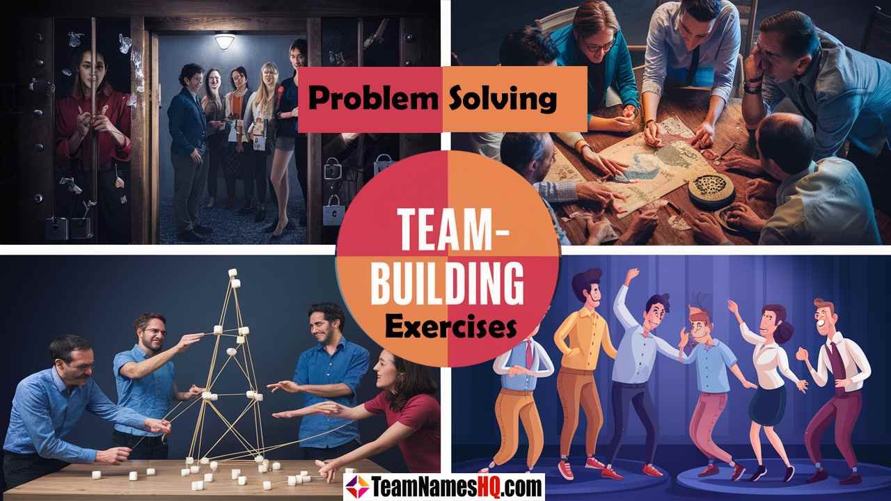 Diverse professionals collaborating on a team-building exercise in a modern office setting