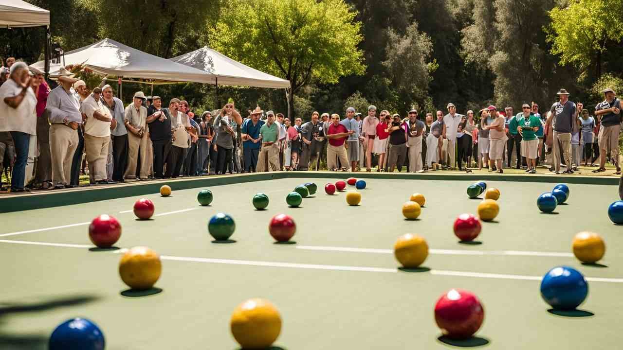 Players competing in a bocce game on a sunny day with spectators cheering in the background