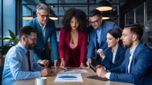 Sales team gathered around a table, reviewing a positive sales chart with enthusiasm and teamwork