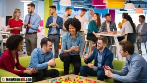 Startup team engaged in dynamic team-building activities in a modern office setting