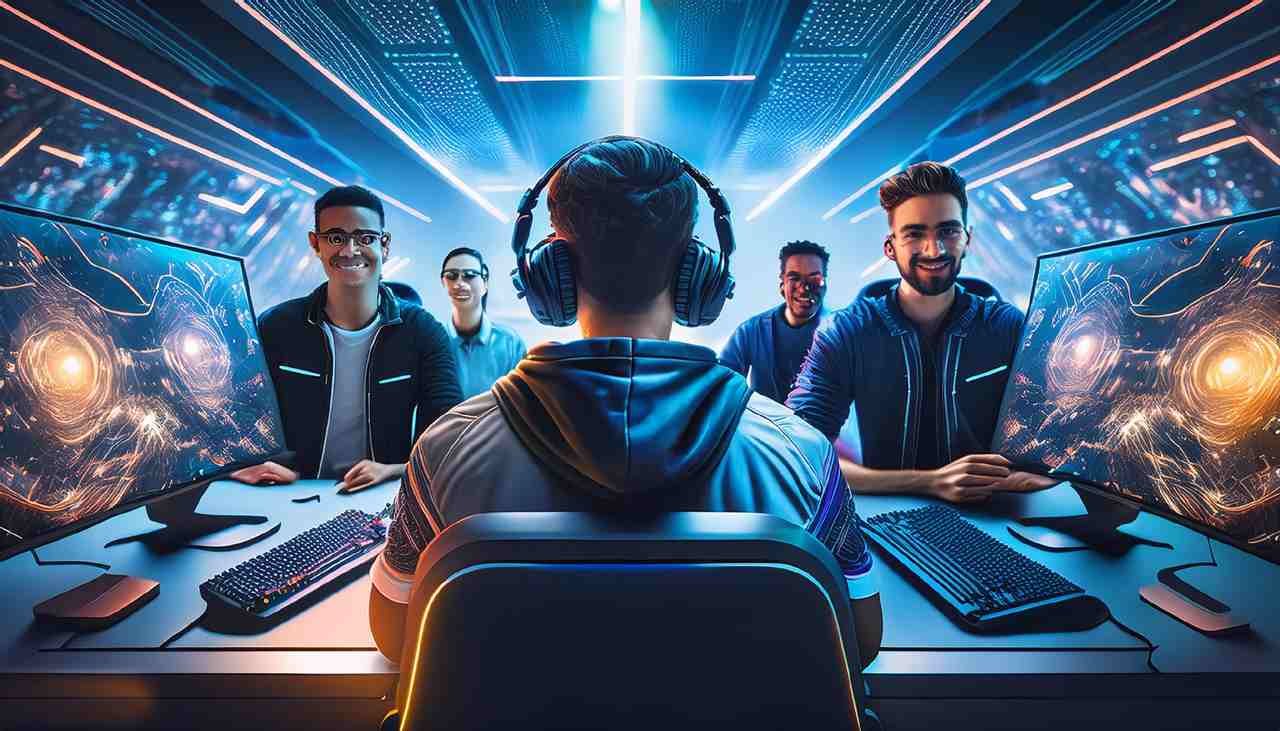 group of gamers in a futuristic setting, surrounded by gaming equipment and digital elements ready for esports