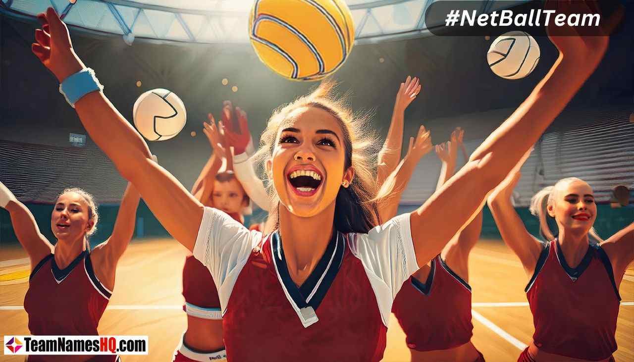 netball players proud of their team names celebrating a victory on the court