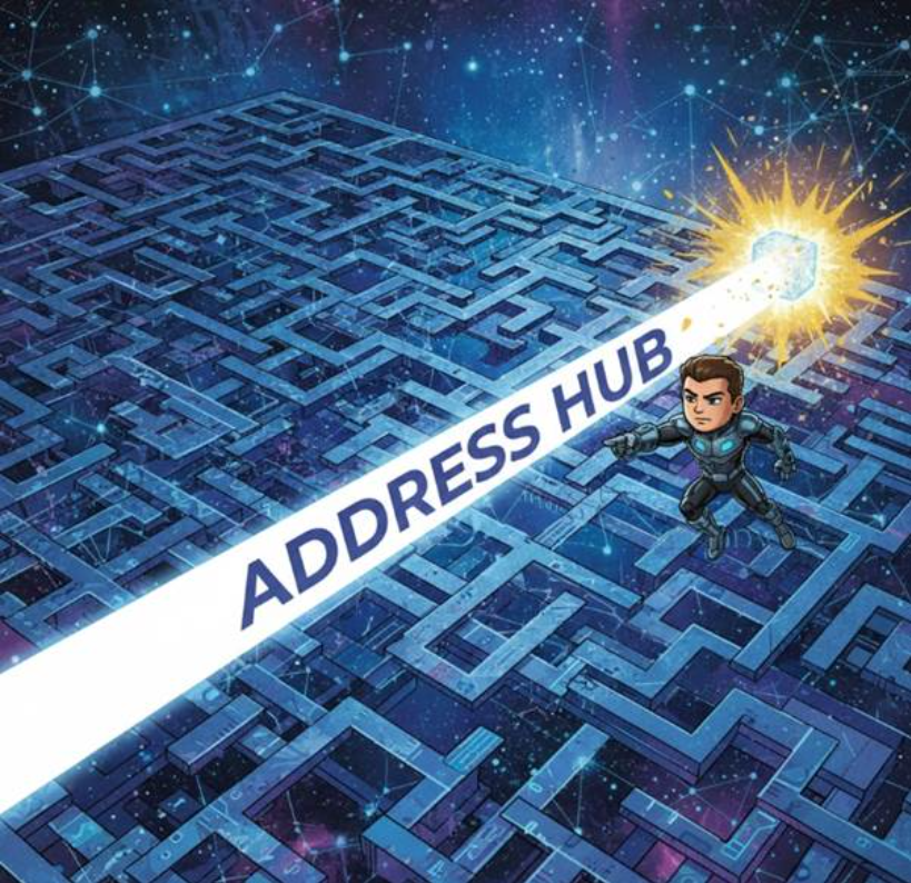 복잡하게 얽힌 디지털 미로 위로 '주소허브'라는 이름의 밝은 빛줄기가 직선으로 뻗어 나가며 목적지를 정확히 타격하는 사이버네틱 일러스트.