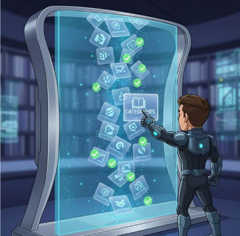 깔끔하게 정돈된 미래형 라이브러리 인터페이스에서 사용자가 카테고리 카드를 슬라이드 하자, 검증 마크가 찍힌 대표 사이트들이 폭포수처럼 쏟아지는 고급스러운 그래픽.