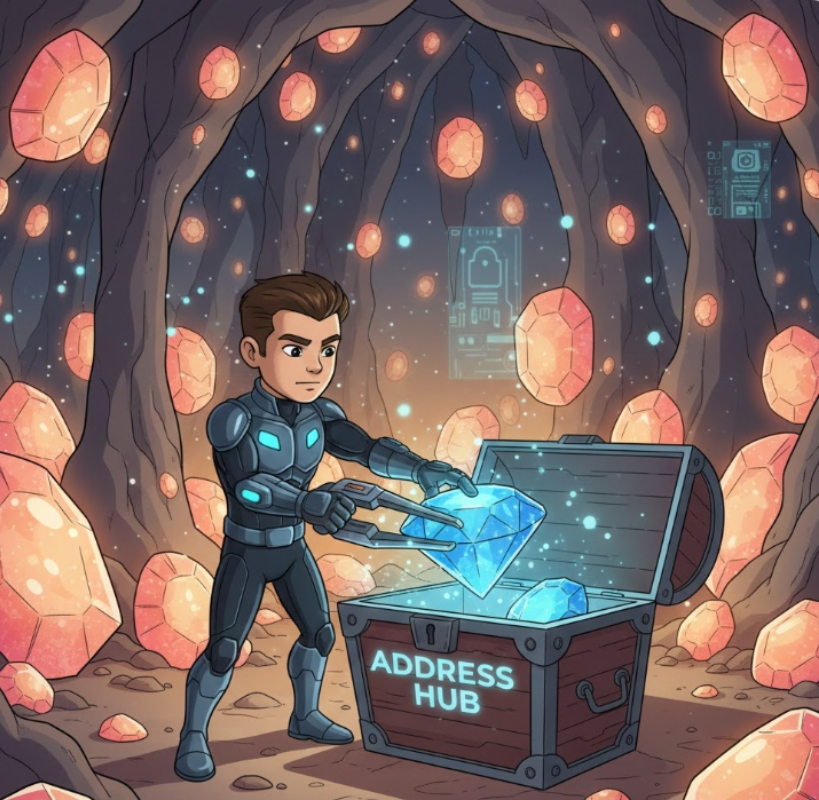 수많은 원석(일반 사이트)들 사이에서 가장 빛나는 다이아몬드(대표 사이트)를 골라내어 '주소허브'라는 보석함에 담는 비주얼 컨셉.