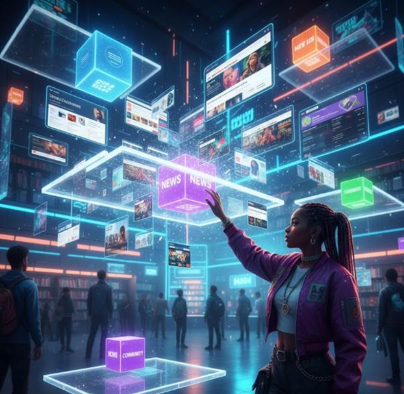 미래형 도서관의 홀로그램 선반 위에 '뉴스', '쇼핑', '커뮤니티' 등 각기 다른 색깔로 빛나는 큐브들이 떠 있고, 사용자가 한 큐브를 터치하자 수많은 고화질 사이트 미리보기가 팝업창처럼 펼쳐지는 화려한 컨셉 아트