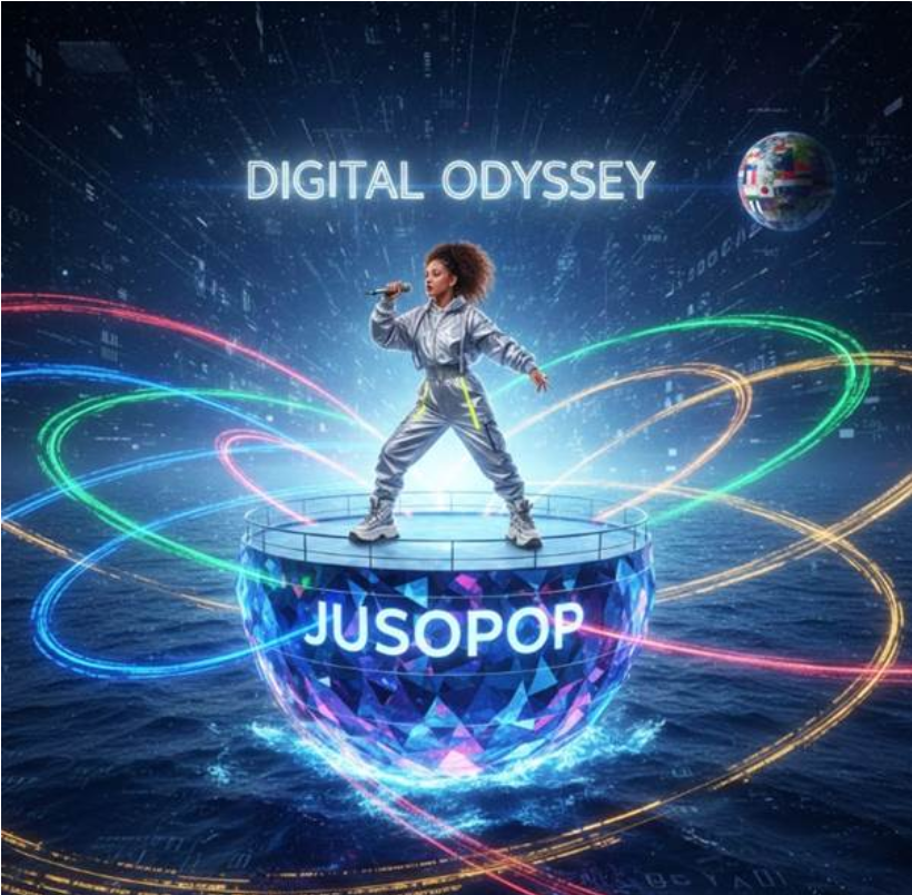 끝없이 펼쳐진 디지털 데이터의 바다 위에 거대한 수정 구슬 형태의 함선 '주소팝'이 항해하고 있으며, 함선 주위로 전 세계 국가들의 웹 코드가 유선형으로 흐르며 빛의 길을 만들어주는 장엄한 스케일의 배경 이미지.