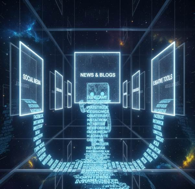 투명한 유리 재질의 현대적인 갤러리 복도에 카테고리들이 홀로그램 액자로 걸려 있고, 사용자가 한 액자를 터치하자 사이트 목록이 폭포처럼 쏟아지는 초현실적인 3D 그래픽