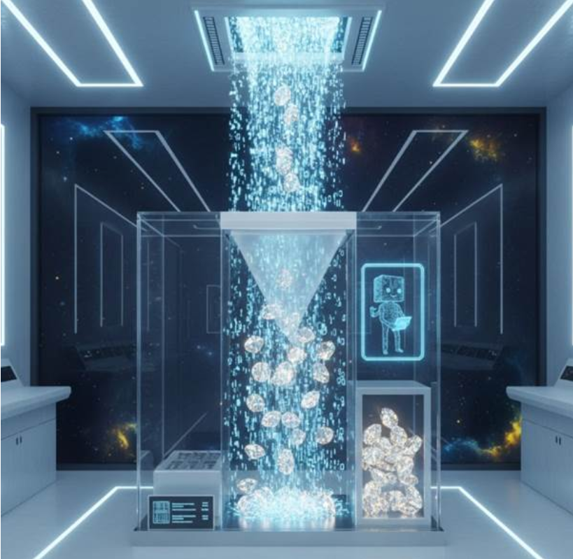 거대한 디지털 폭포 아래에서 오직 빛나는 다이아몬드만을 걸러내는 정교한 필터 장치.