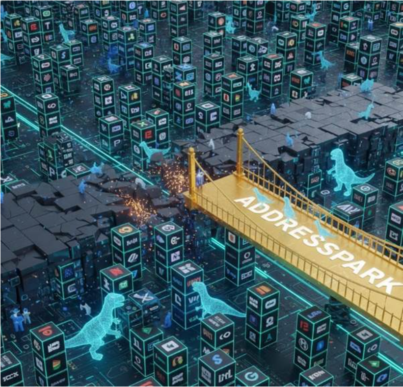 끊어진 다리(깨진 링크) 옆에 '주소파크' 로고가 새겨진 튼튼한 황금빛 다리(새 링크)가 건설되어 사용자들이 안전하게 건너가는 모습을 형상화한 일러스트.