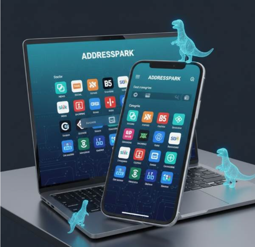 스마트폰과 노트북 화면이 겹쳐져 있고, 두 화면 모두에서 '주소파크'의 깔끔한 카테고리 화면이 동일하게 출력되며 사용자에게 최적의 반응형 경험을 제공하는 디지털 아트.