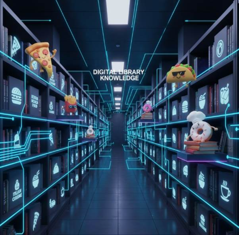 정갈하게 정리된 디지털 서재에 각 분야별 대표 로고들이 빛나는 책 형태로 꽂혀 있는 모습. 정보의 질과 체계성을 상징하는 고해상도 그래픽 일러스트.