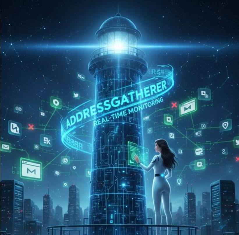 거대한 디지털 등대가 빛을 쏘아 수많은 웹사이트 아이콘들을 비추는 모습