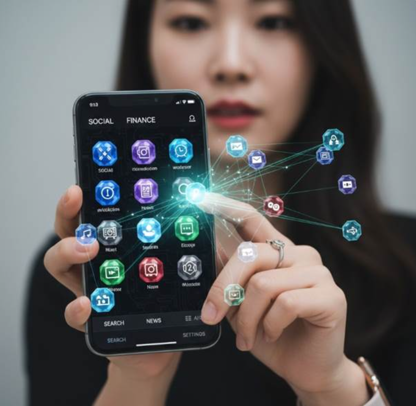 세련된 다크 모드 인터페이스의 스마트폰 화면. 카테고리별로 정갈하게 정리된 앱 아이콘 형태의 주소들이 보석처럼 정렬되어 있으며, 사용자가 터치할 때마다 투명한 연결망이 형성되는 감각적인 디자인