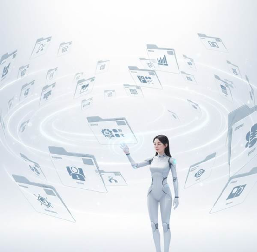 끝없이 펼쳐진 화이트 홀 공간에 수백 개의 투명한 유리 폴더가 공중에 떠 있고, 그 안에 각 분야별 대표 주소들이 정교하게 분류되어 보관되어 있는 미래지향적 아카이브 일러스트