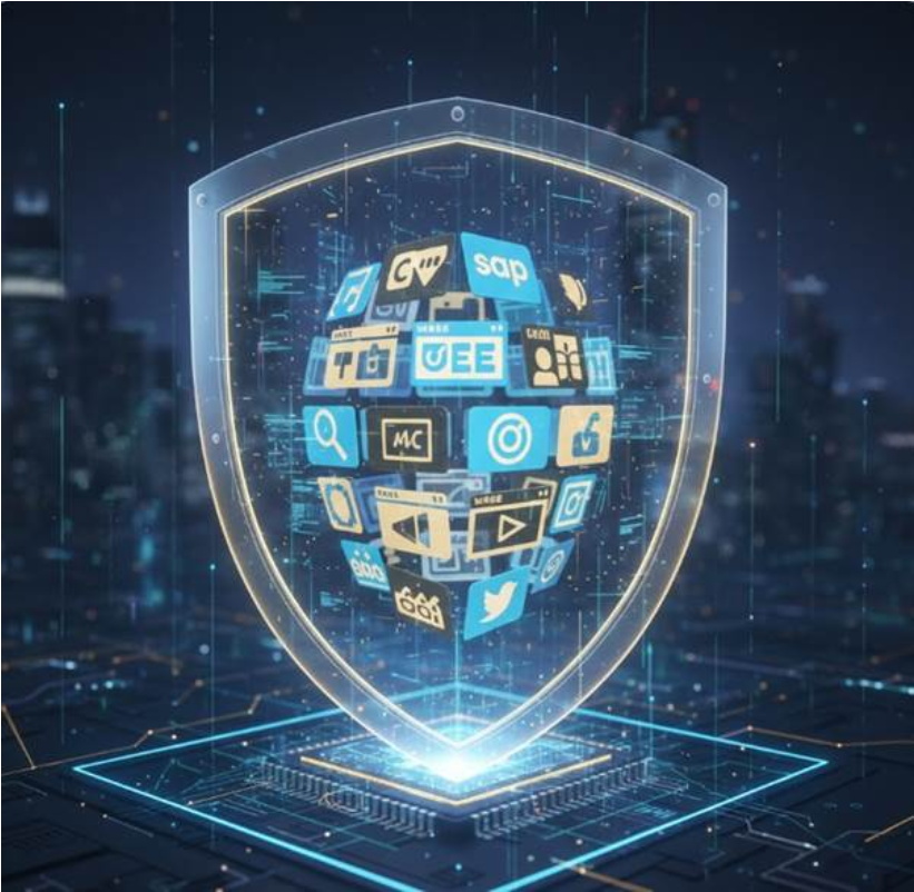 방패 모양의 투명한 보호막이 웹사이트 아이콘들을 감싸고 있는 3D 그래픽 이미지.