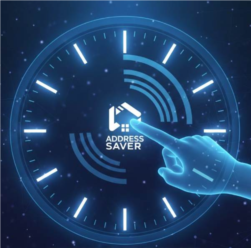 시계의 분침이 아주 빠르게 돌아가다가 주소모음 로고를 클릭하는 순간 멈추는 모습.