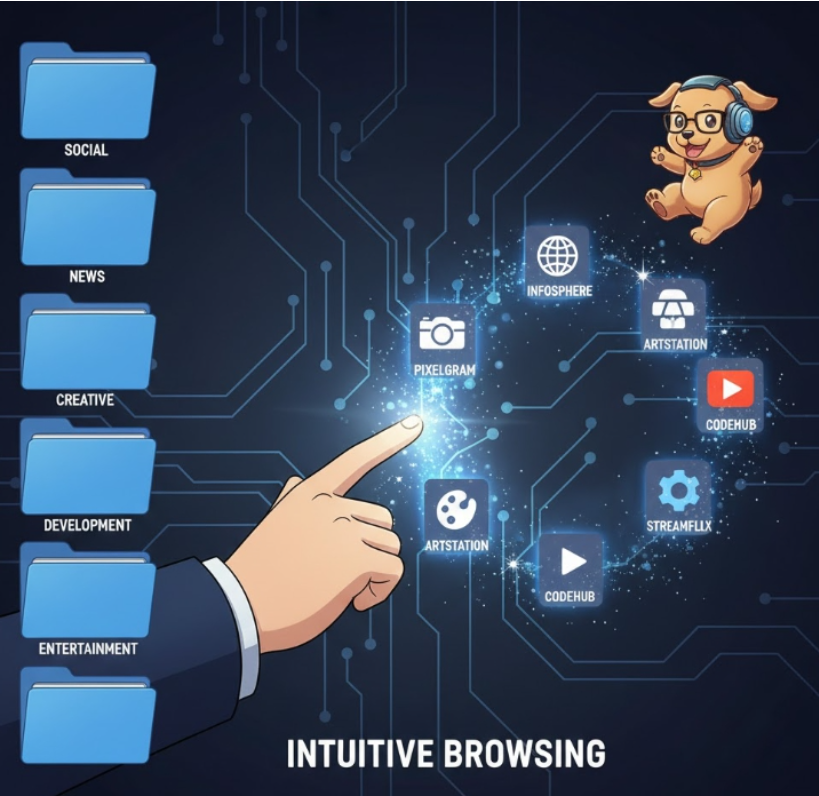 세련된 다크 모드 인터페이스. 깔끔하게 정돈된 테마별 폴더들 사이로 사용자의 손길을 따라 검증된 대표 사이트들이 화려하게 펼쳐지는 직관적인 UI 이미지.