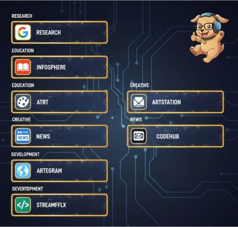 정갈하게 정돈된 디지털 도서관. 각 카테고리별로 반짝이는 금색 테두리의 대표 사이트 로고들이 정렬되어 정보의 권위와 신뢰를 상징하는 그래픽.