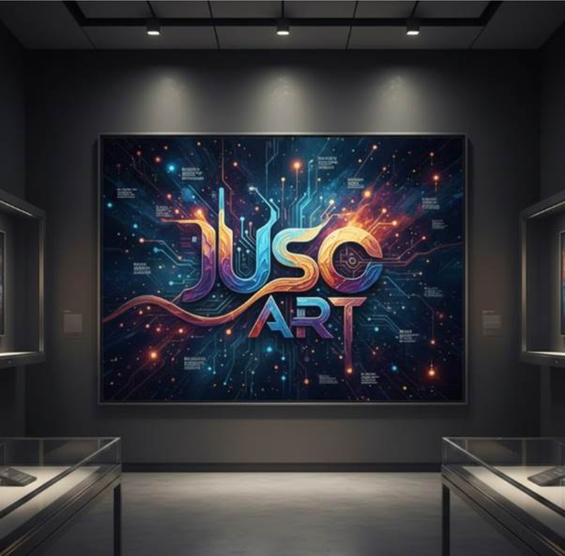 화려한 유화 물감이 디지털 회로와 결합하여 '주소아트' 로고를 조각하는 모습. 배경에는 실시간으로 빛나며 갱신되는 수만 개의 주소 데이터들이 마치 별자리처럼 수놓아진 고품격 사이버네틱 일러스트.