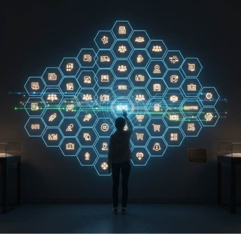 여러 개의 빛나는 육각형 패널이 모여 거대한 벌집 구조를 이루고, 각 패널에 '뉴스', '커뮤니티', '쇼핑' 등의 카테고리 아이콘이 세련되게 새겨진 모습. 사용자의 손이 중앙에서 원하는 패널을 선택하려는 순간의 인터랙티브한 디지털 아트워크.