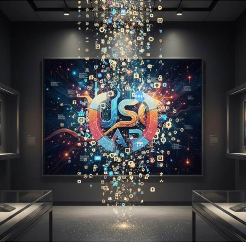 수많은 웹사이트 로고들이 빛의 입자처럼 쏟아져 내리는 가운데, '주소아트' 로고가 강력한 자석처럼 오직 검증된 소수의 고품질 웹사이트 로고들만 선별하여 자신 주변에 모으고 있는 역동적인 그래픽.