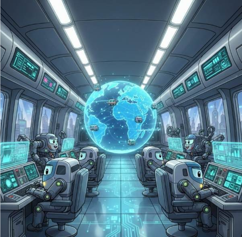 실시간으로 데이터가 업데이트되는 디지털 세계 지도와 세련된 홀로그램으로 떠 있는 미래형 네트워크 관제 센터 일러스트.