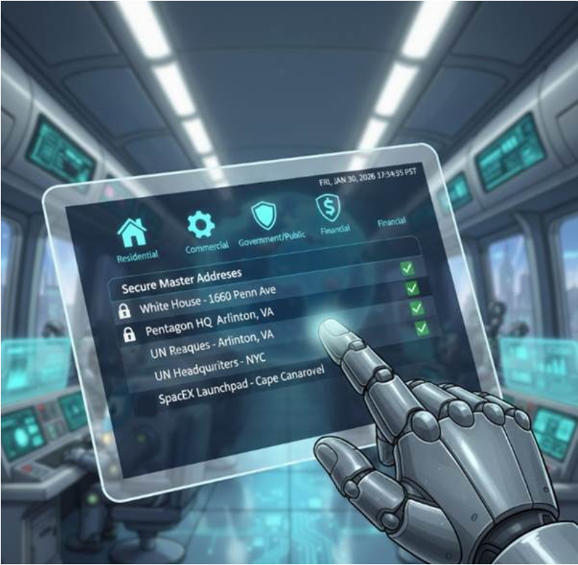 사용자가 세련된 대시보드 화면에서 카테고리 아이콘을 터치하자 안전한 대표 주소들이 리스트 형태로 깔끔하게 펼쳐지는 직관적인 인터페이스 이미지.