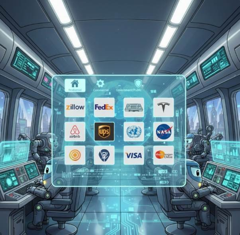 정갈하게 정리된 디지털 라이브러리에 각 카테고리별로 대표 사이트 로고들이 예술적으로 배치되어 있는 신뢰감 주는 디자인 이미지.