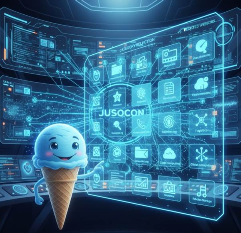 투명한 유리 판넬 위에 다양한 카테고리 아이콘들이 정렬되어 있고, 사용자가 특정 카테고리를 선택하자 관련 웹사이트 리스트가 정교한 폴더 형태로 펼쳐지는 인터페이스 그래픽.