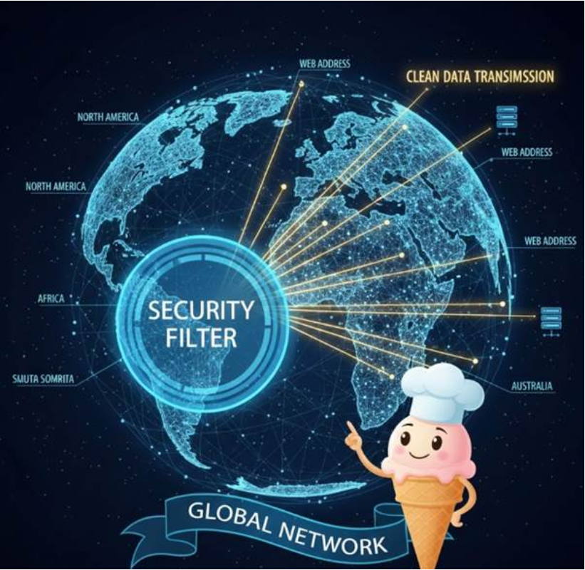 지구본 형태의 네트워크 망 위에 전 세계의 웹 주소들이 점으로 연결되어 있고, 보안 필터를 통과한 깨끗한 데이터들만 황금색 선으로 연결되어 전송되는 모습.