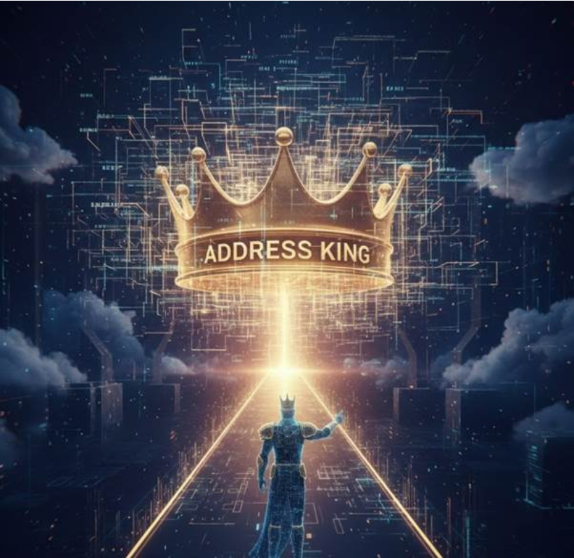 황금빛 왕관을 쓴 '주소킹' 로고를 중심으로, 수천 개의 웹사이트 주소 노드들이 복잡한 미로를 뚫고 하나의 직선 경로로 정렬되는 하이테크 디지털 아트.