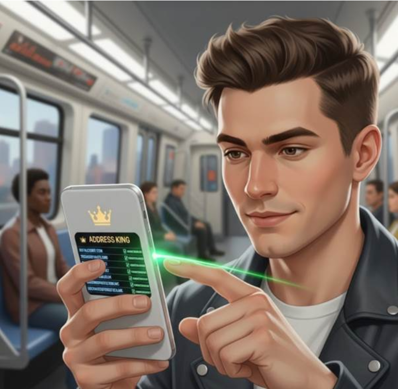 지하철이나 버스 안에서 스마트폰으로 '주소킹' 페이지에 접속하여 단 한 번의 터치로 원하는 사이트에 순식간에 접속하는 사용자의 모습을 담은 현대적인 일러스트.