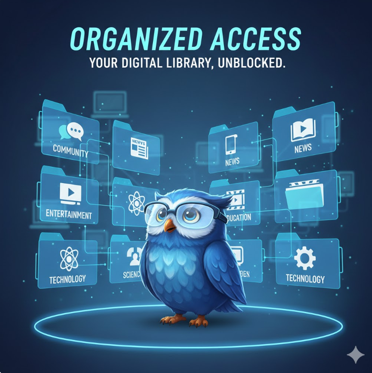 서류철이나 라이브러리 형태의 깔끔한 인덱스 구조가 공중에 떠 있는 모습. 각 인덱스 위에는 ‘Community’, ‘News’ 등의 텍스트가 적혀 있는 직관적인 일러스트.