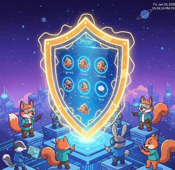 방패 모양의 투명한 보호막이 웹사이트 아이콘들을 감싸고 있는 그래픽 이미지