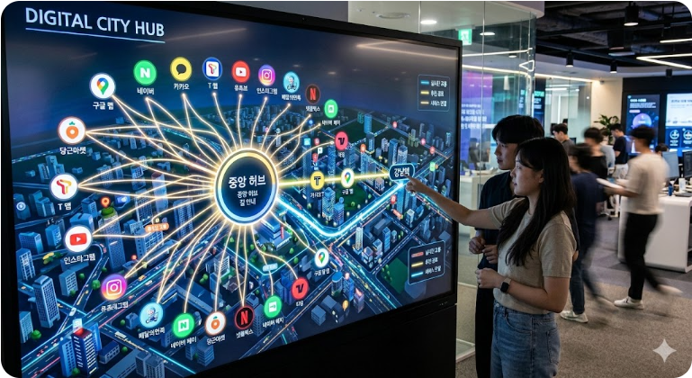 다양한 웹 서비스들이 중앙 허브로 연결되어 길을 안내하는 디지털 지도 이미지